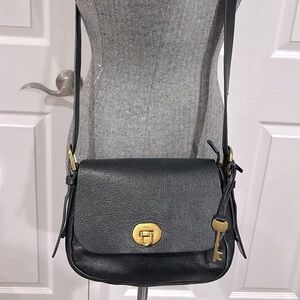 Fossil Black Leather Handbag with Gold Accents & Key - EUC!